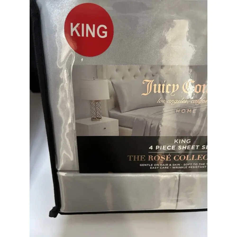 Juicy Couture Home King Size Satin Sheet Set 4 PC The Rose Collection Gray New